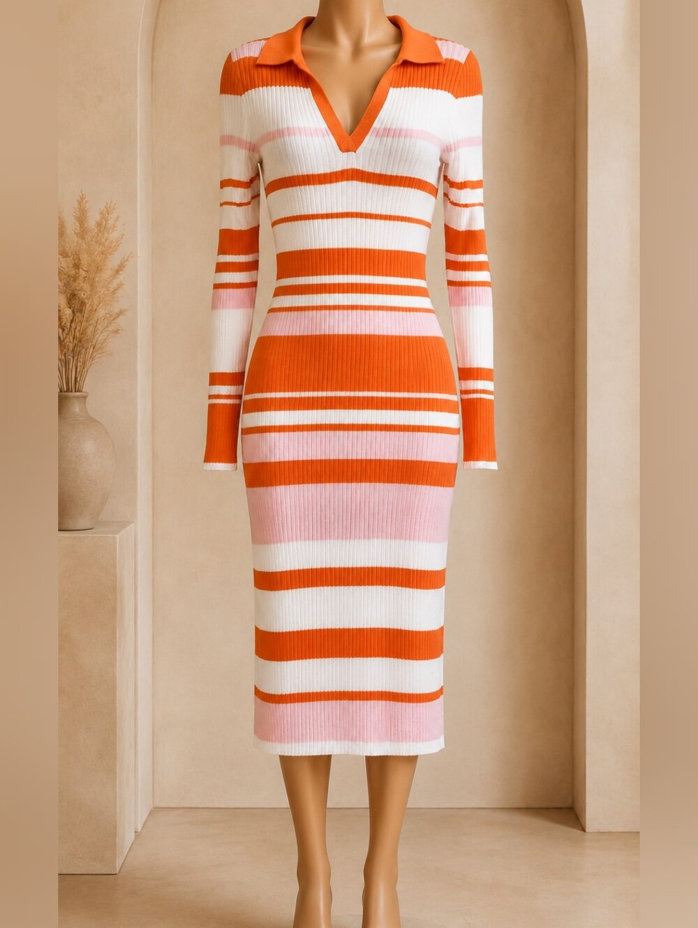 Striped Rib-Knit Long Sleeve Midi Dress in Orange, Pink & White Size L